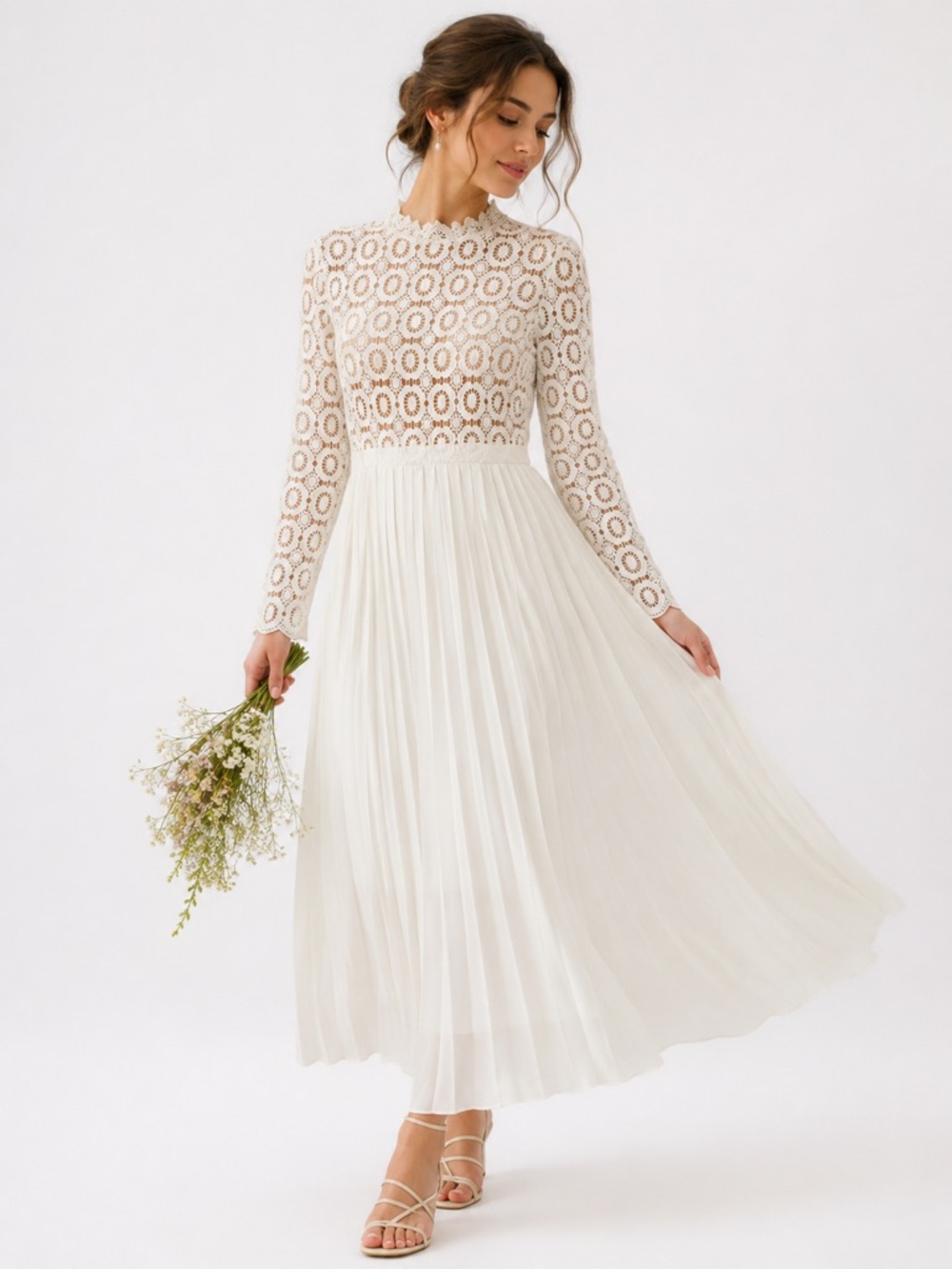 Little Mistress Ivory Lace Pleated Midi Dress Long Sleeve Wedding Guest Size 2